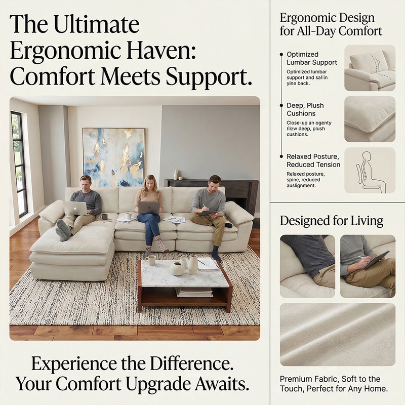 Oversized L-Shaped Boneless Couch, Modular Sectional Sofa Bed W/ Movable Ottoman gallery