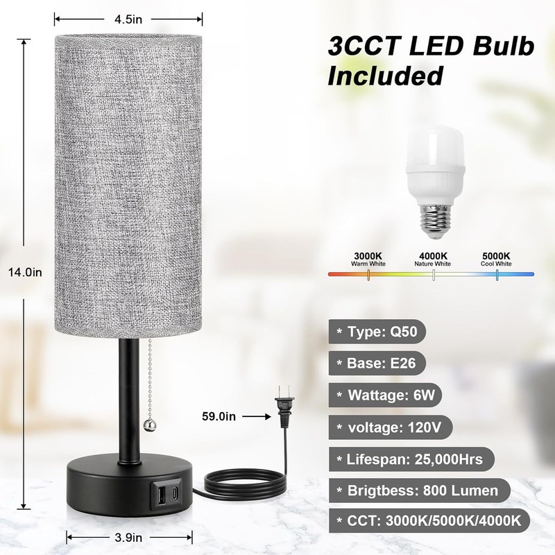 Gray Bedside Lamp for Nightstand - Small Table Lamp with USB A + C Charging Port gallery