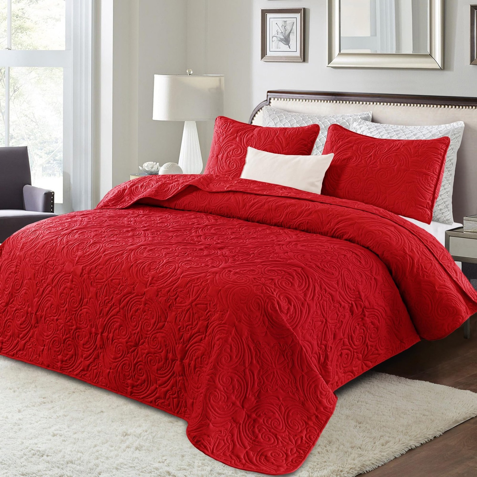 Quilts King Size Bedspread with 2 Pillow Shams, Lightweight Red King Quilt Be... gallery
