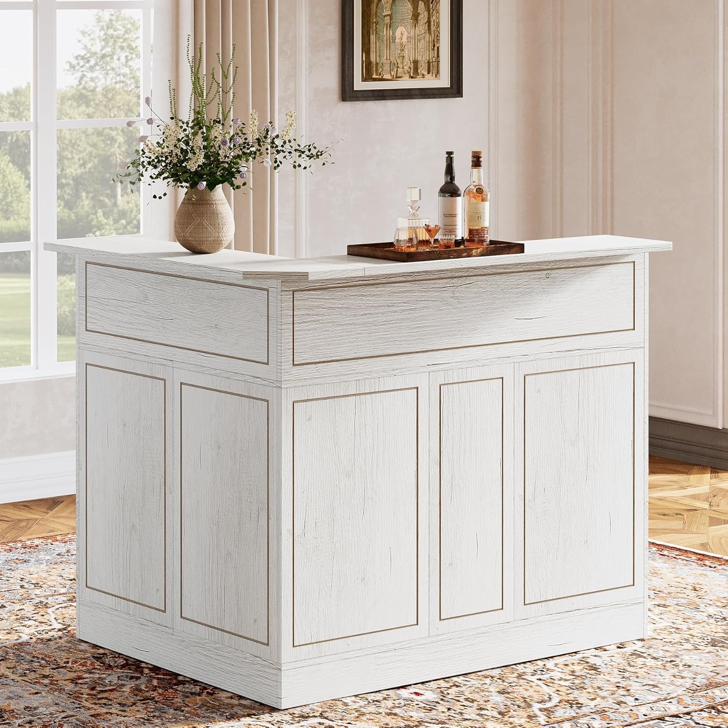 L-Shaped Home Bar Table, 4-Tier Corner Bar Cabinet , Office Reception Desk-White gallery