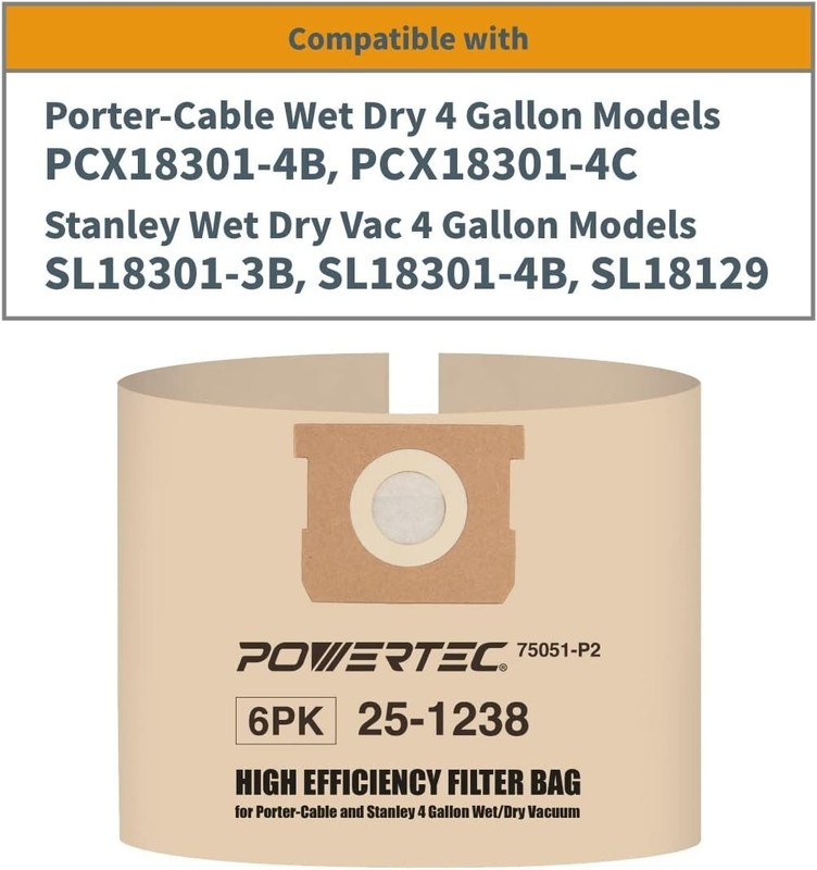 POWERTEC 75051-P2 High Efficiency Filter Bag for Porter-Cable and Stanley, 6PK gallery