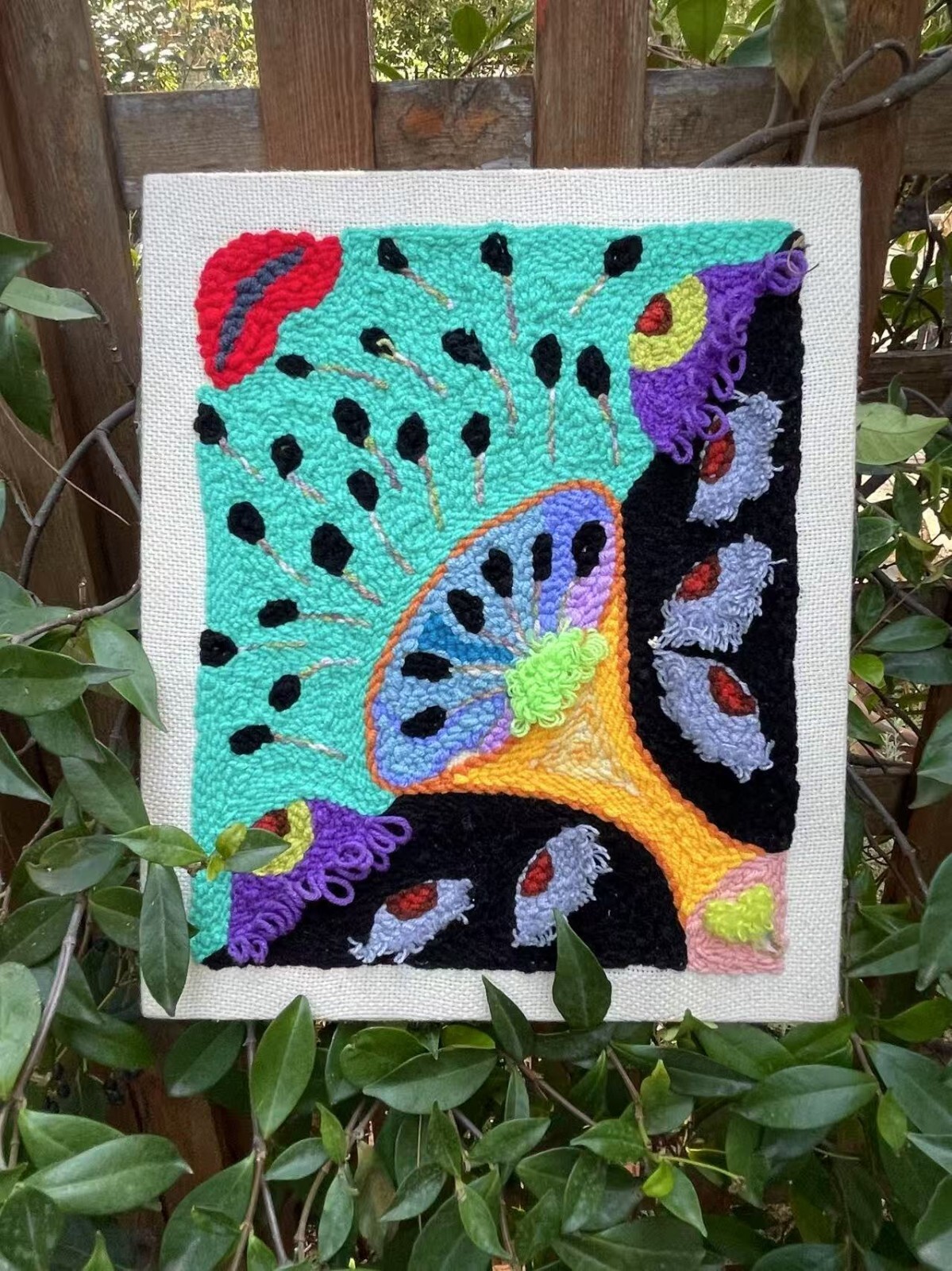 Handmade Abstract Punch Needle Fiber Art Wall Hanging - Colorful Yarn on Fabric gallery