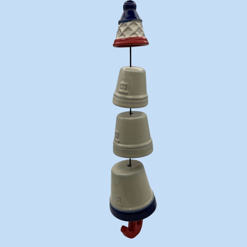 Nautical Ceramic Wind Chime Red White Blue Tiered Bells with Anchor Cottagecore gallery