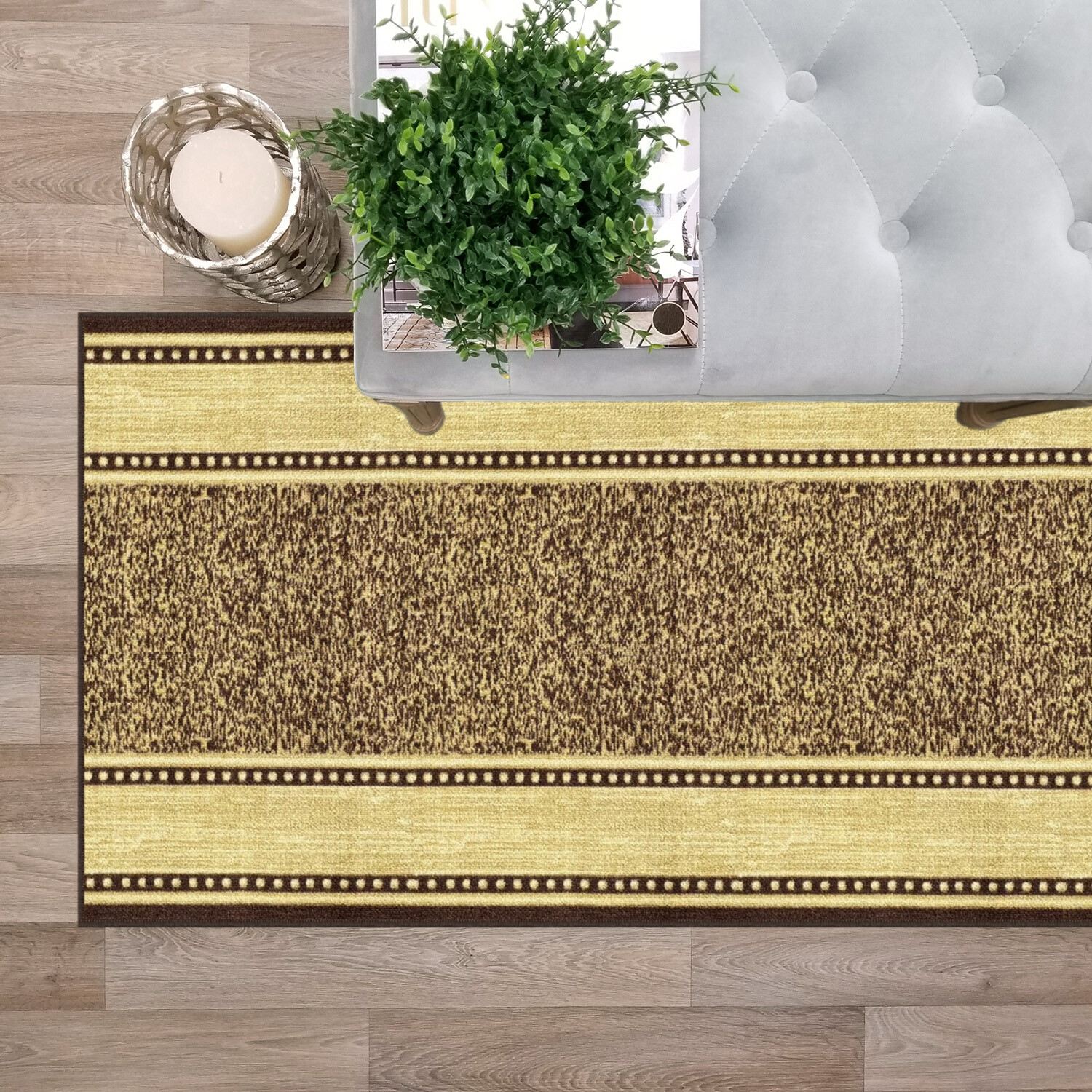 Custom Size Stair Hallway Runner Rug Non Slip Rubber Back Brown & Beige Border gallery