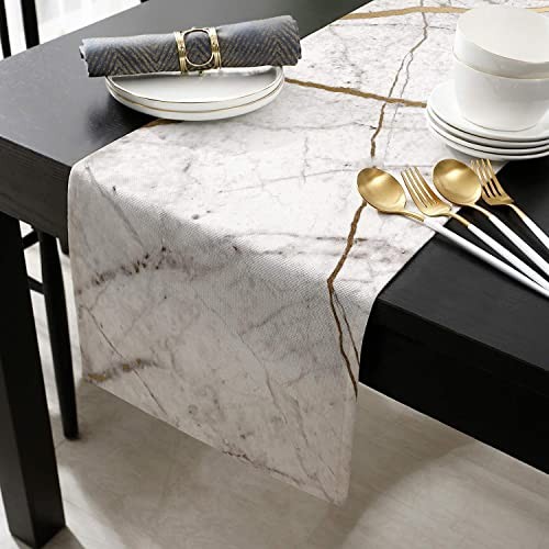 Marble Table Runner-Cotton Linen-Small 36 inches White Gray Gold Dresser gallery