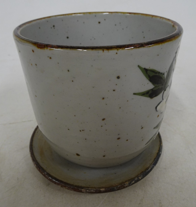 Set Ceramic Gray Speckled Planters Flower Pots White Floral Design 3 Matching gallery