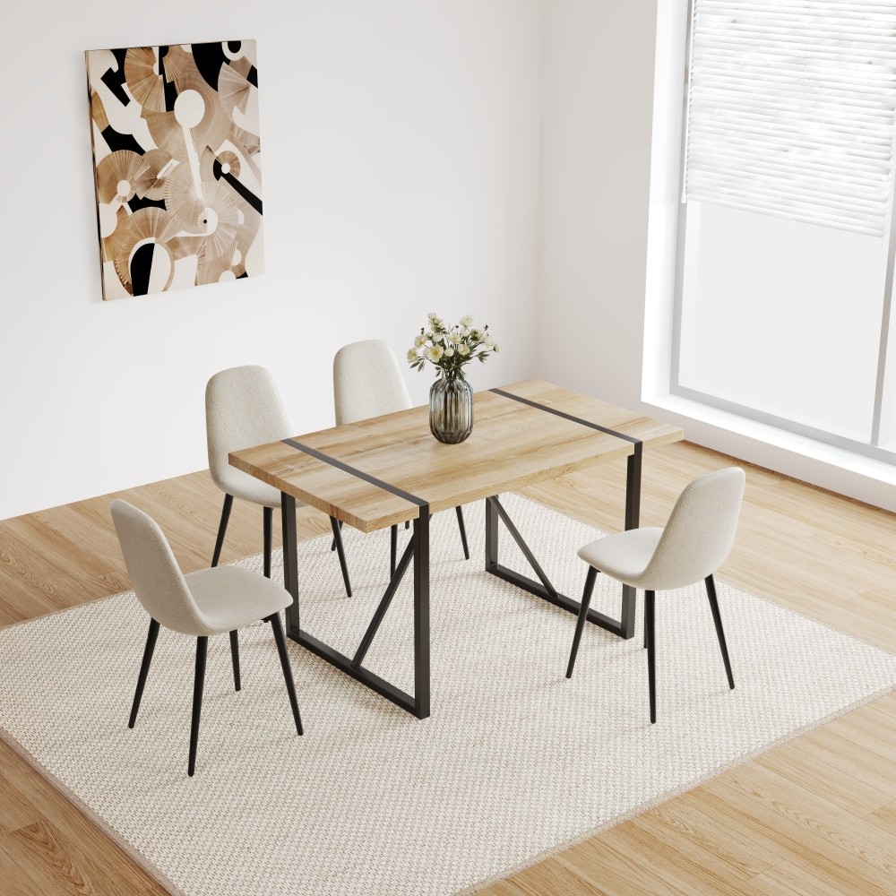 55" MDF Wood Dining Table Set with 4 Linen Dining Chairs Mid Century Modern gallery