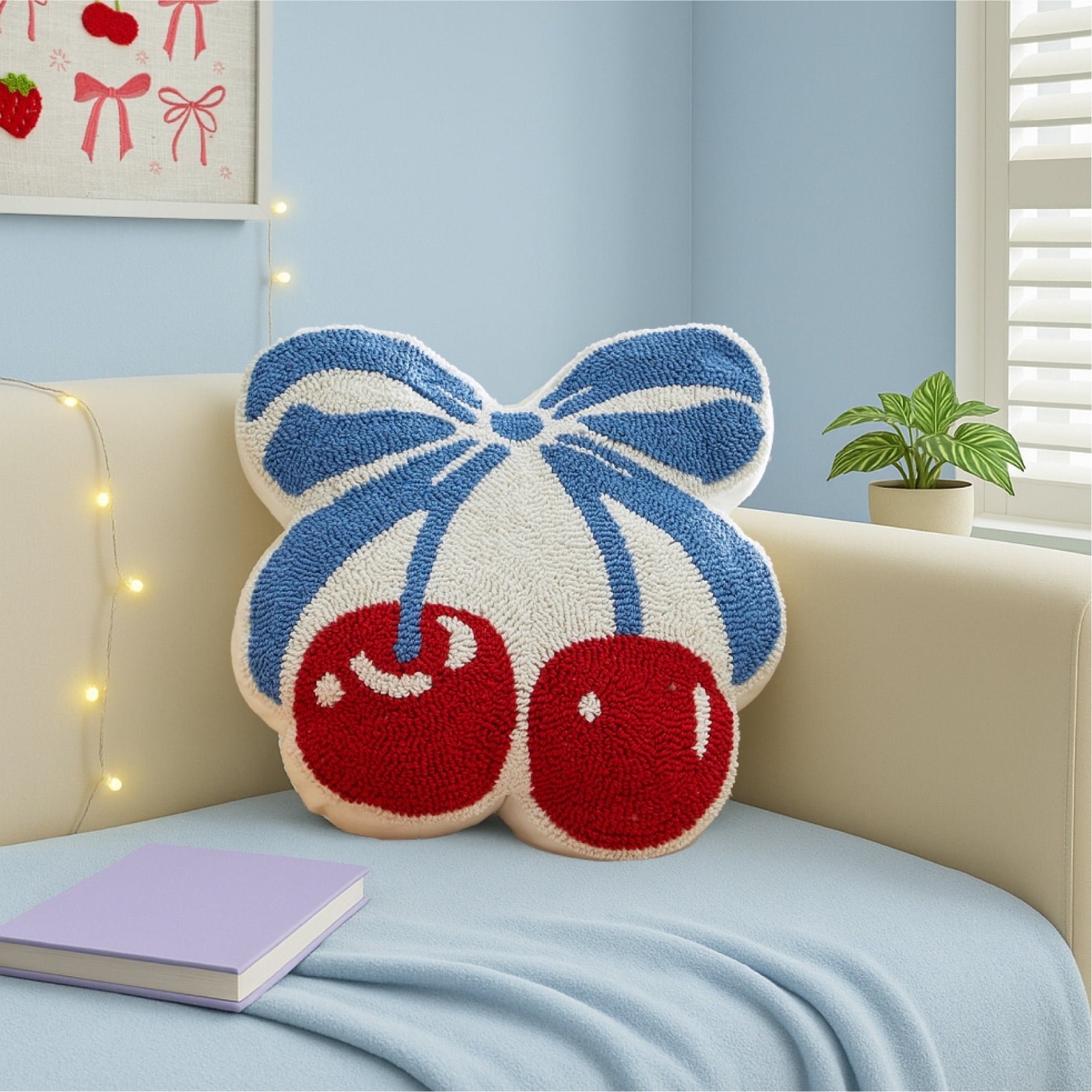 Mainstays Blue Red Cherry Bow Coquette Decorative Tufted Pillow 16.5L x 16W Home gallery