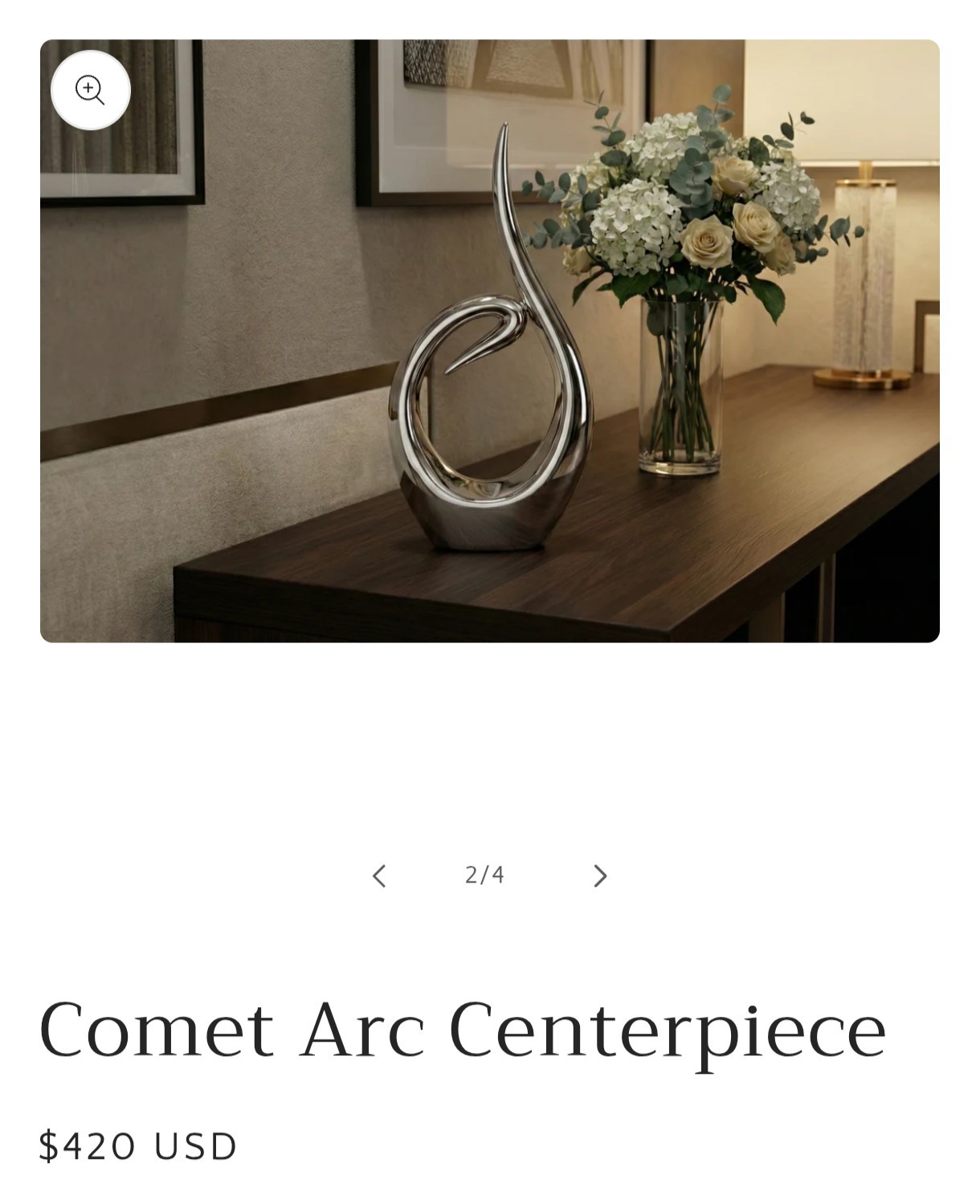 Palmero Comet Arc Silver Abstract Metal Sculpture, Modern Polished Centerpiece gallery