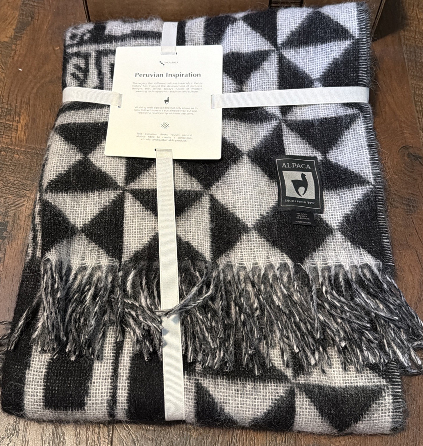 NWT Incalpaca Peruvian Aztec Alpaca Blend Wool Throw 60 x 70” Black Gray gallery