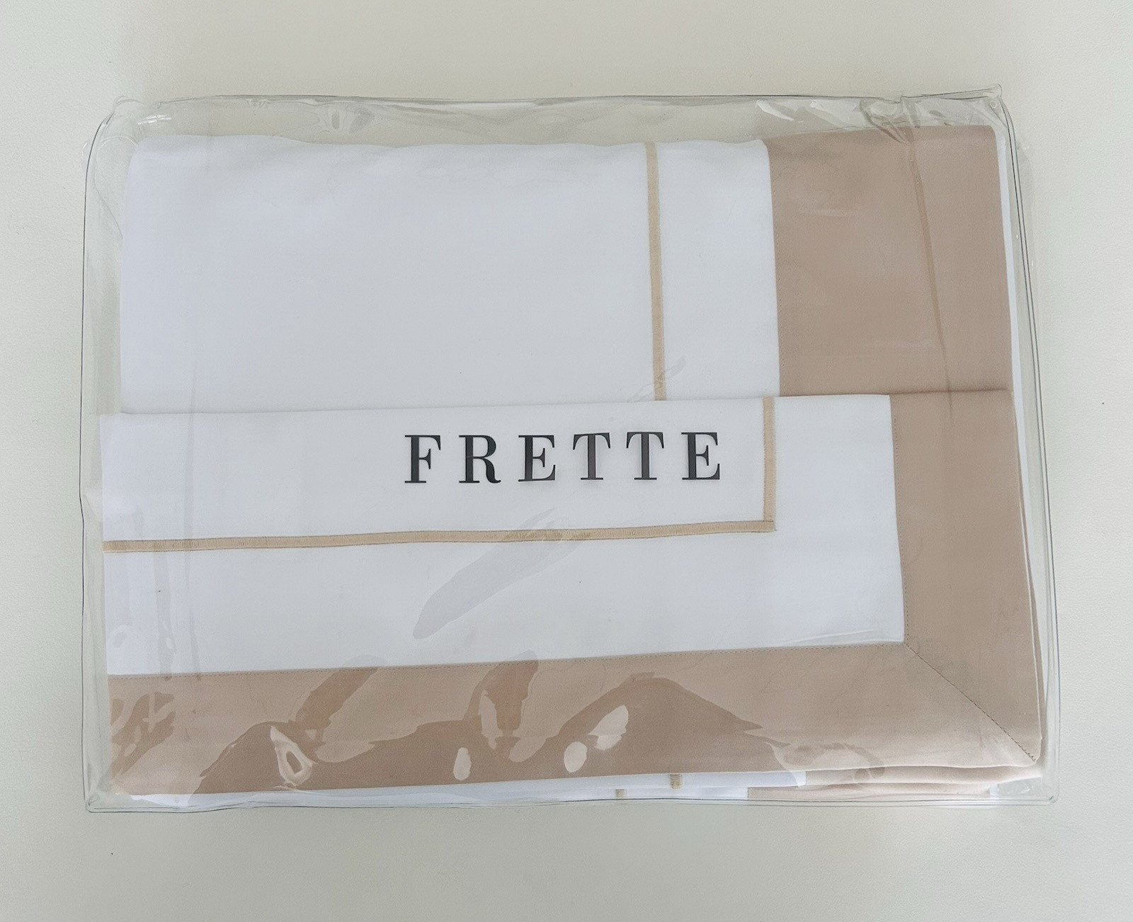 Frette Essence Queen Sheet Set White/Savage Beige Cotton Sateen Luxury gallery