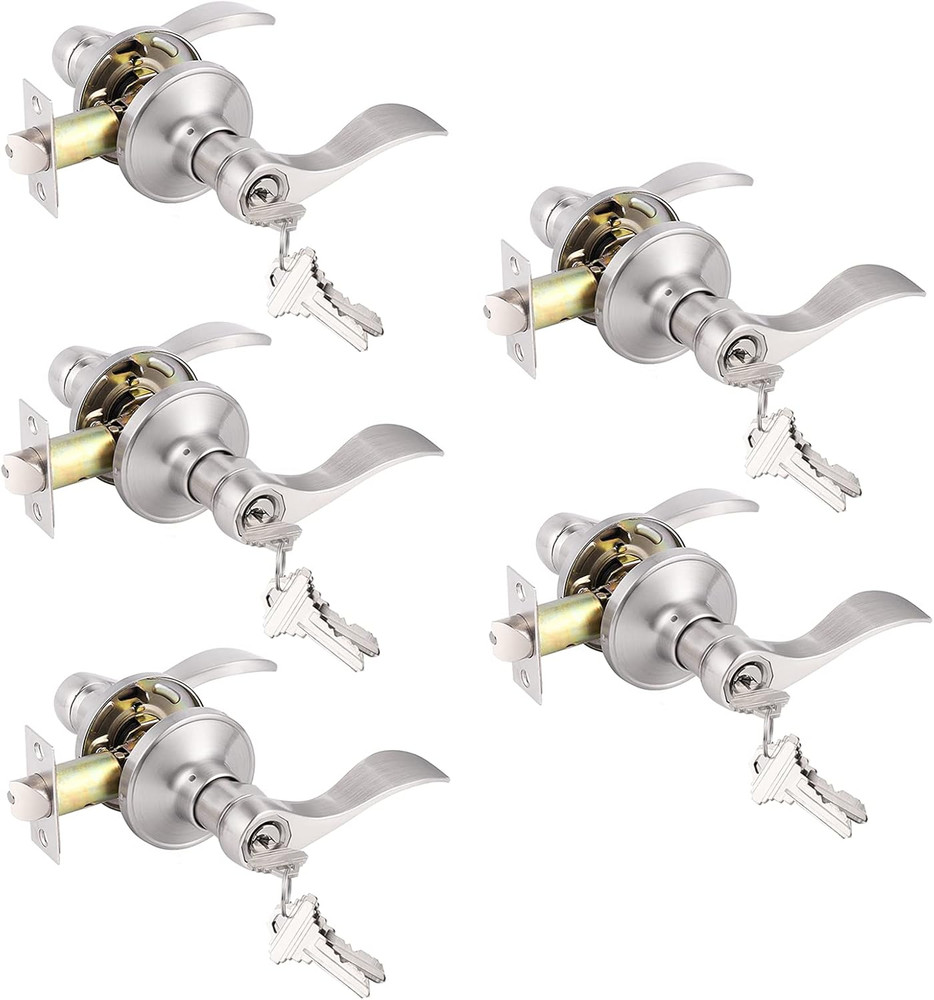 5 Pack Keyed Entry Lever with Same Key, Satin Nickel Wave Door Handle Set, Exter