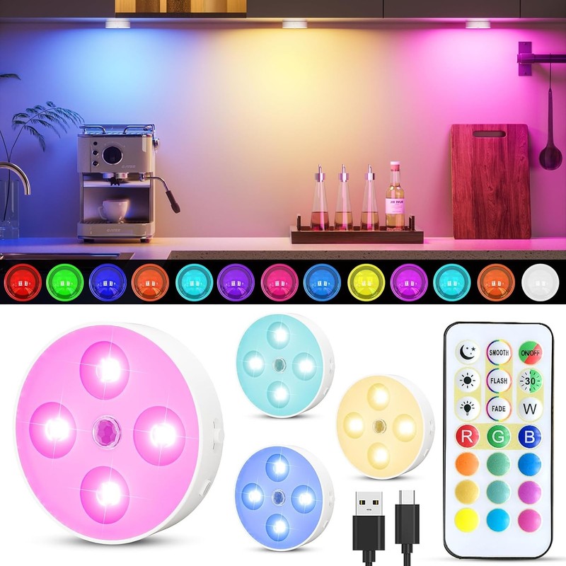 RGB Puck Lights with Remote & Motion – 1500mAh Rechargeable Under Cabinet ... gallery