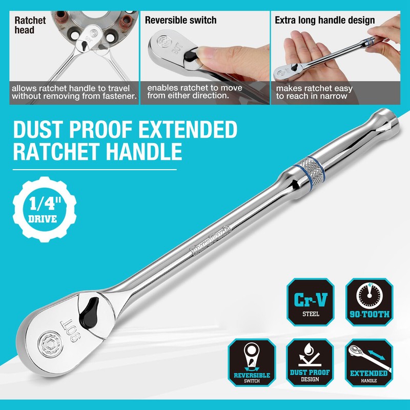 DURATECH Extra Long Handle 1/4-Inch Drive Ratchet, 90-Tooth with 8" Handle gallery