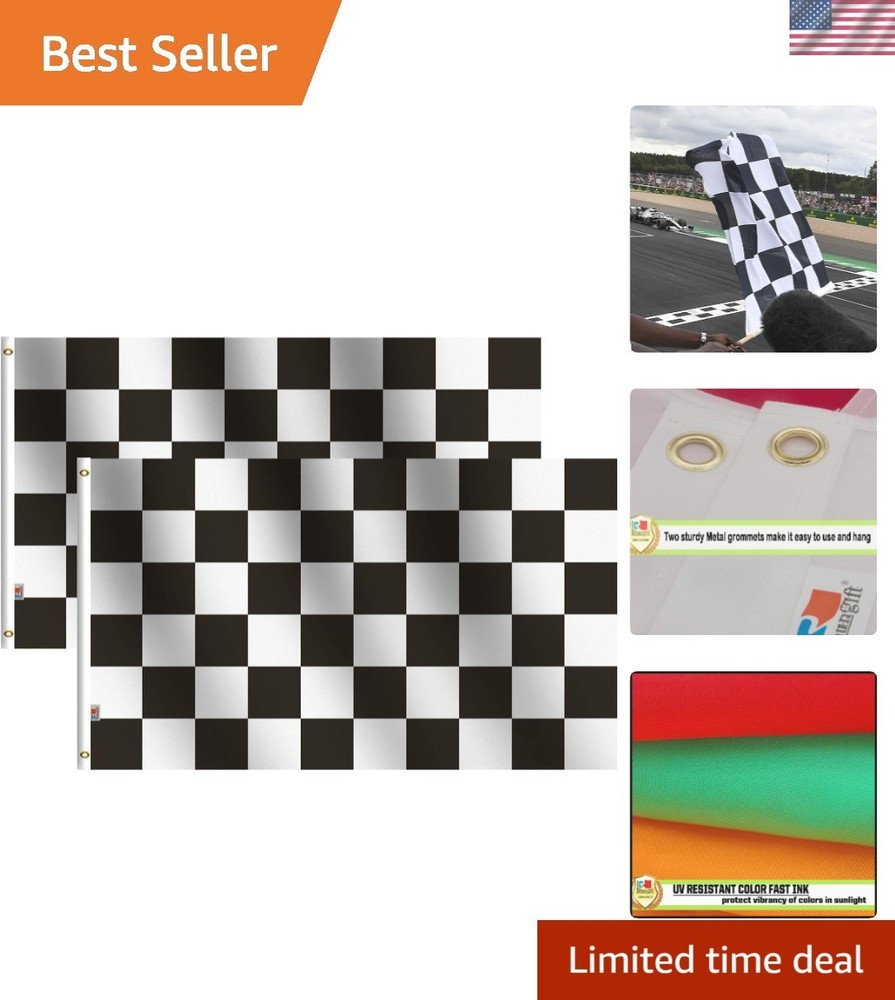 2Pack-NEW Checkered Flags 3x5 Ft,Canvas Header and Double Stitched - Brass Gr...