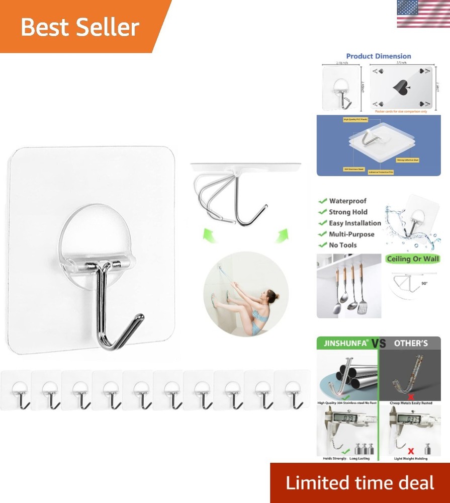 Waterproof Adhesive Wall Hooks - 12 Pack, 13LB Load-bearing & No Damage Removal