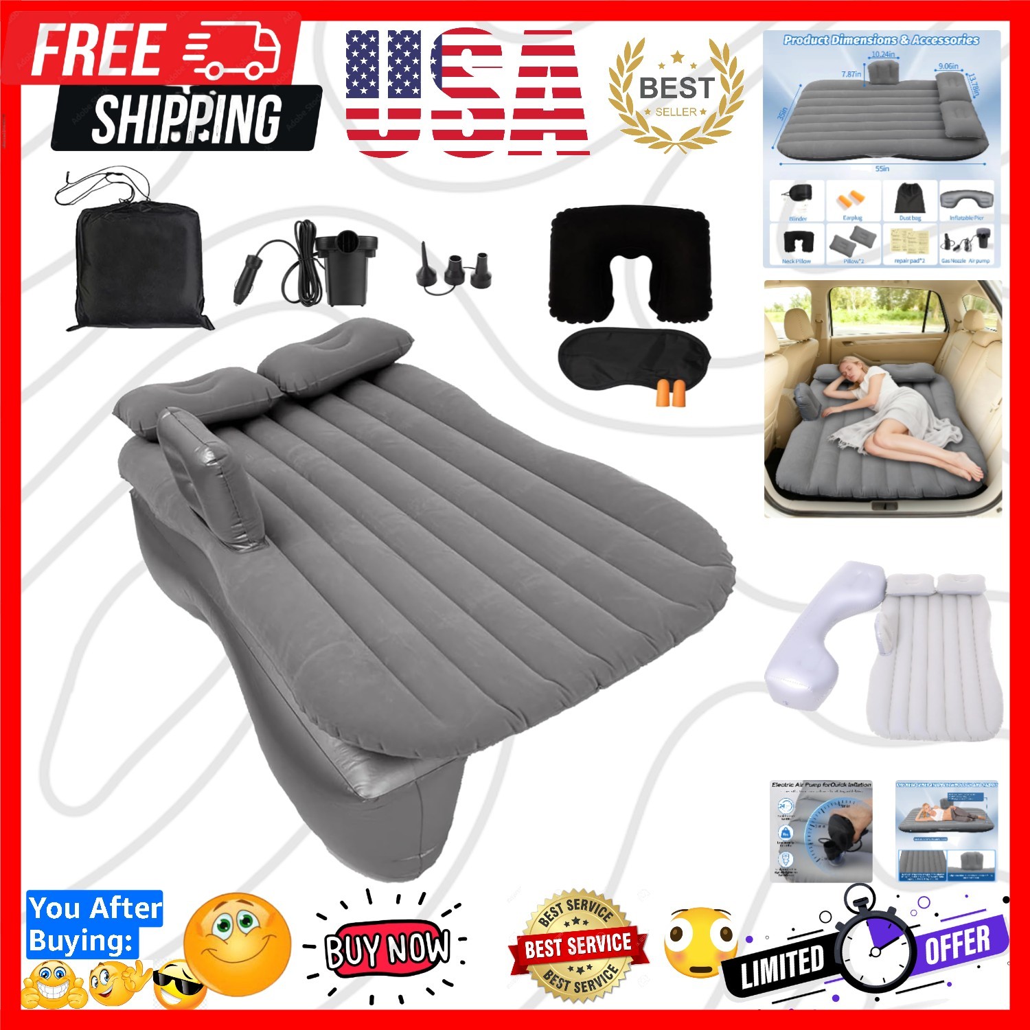 Inflatable Car Air Mattress Back Seat Bed with Air Pump,55" L x 35" W Portabl... gallery