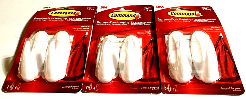 3M Command ~MEDIUM DESIGNER HOOKS~ 17081ES ~Lot Of 3~ WHITE ~ 3 lb Capacity ~NEW gallery