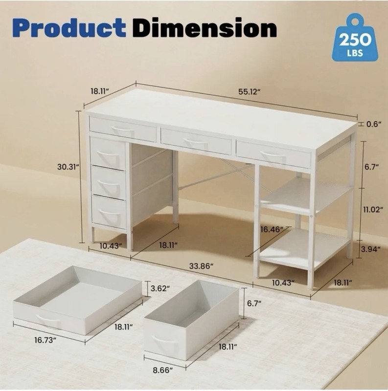 CONCETTA 55” Computer Desk w/ 6 Drawers & Shelves Modern Home Office White gallery
