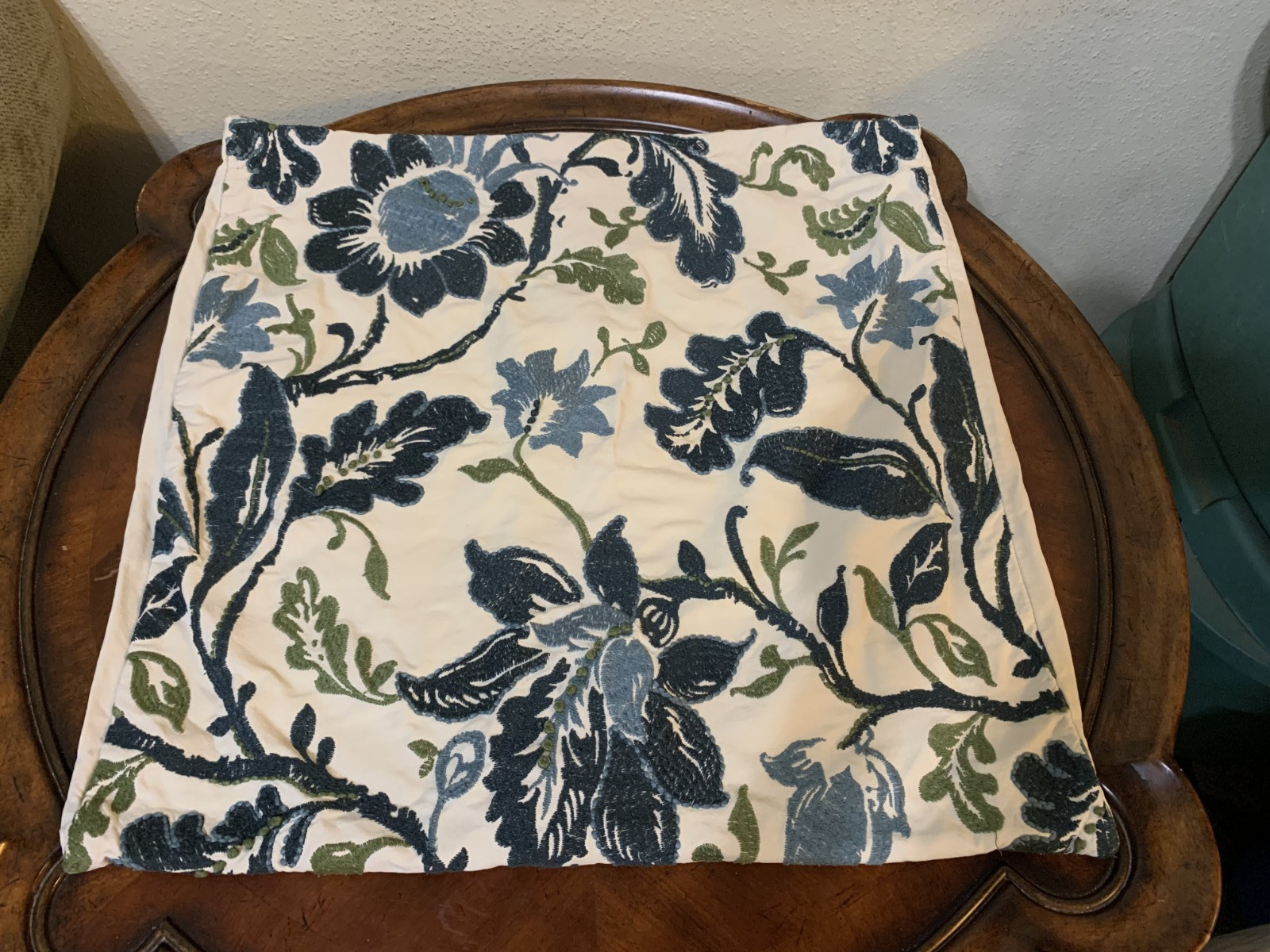 Pottery Barn Embroidered Floral Throw Pillow Cover 24" x 24" Blue Green Cotton gallery