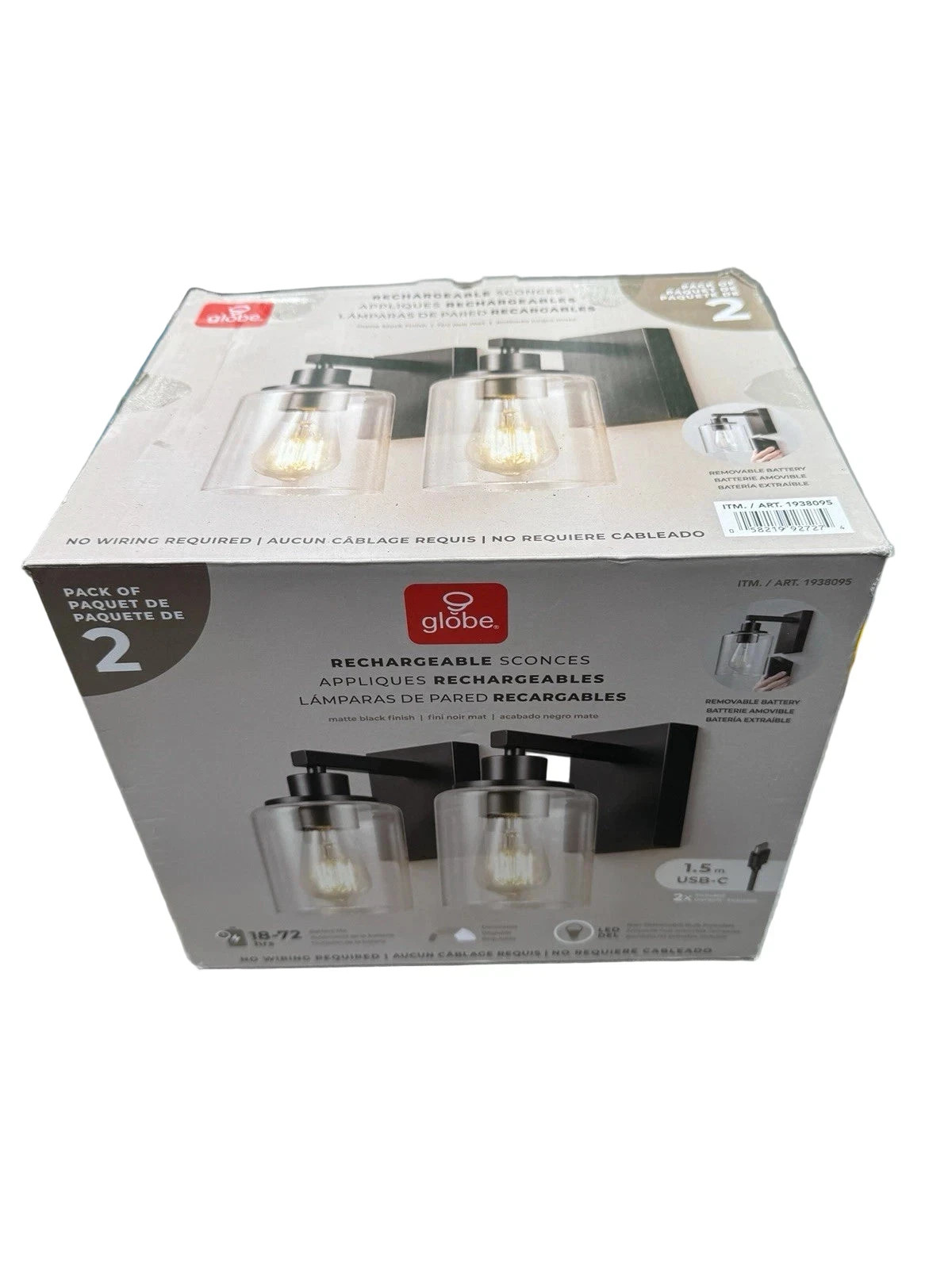 2pk Wall Sconce Lights Battery Rechargeable Globe with Black Base gallery