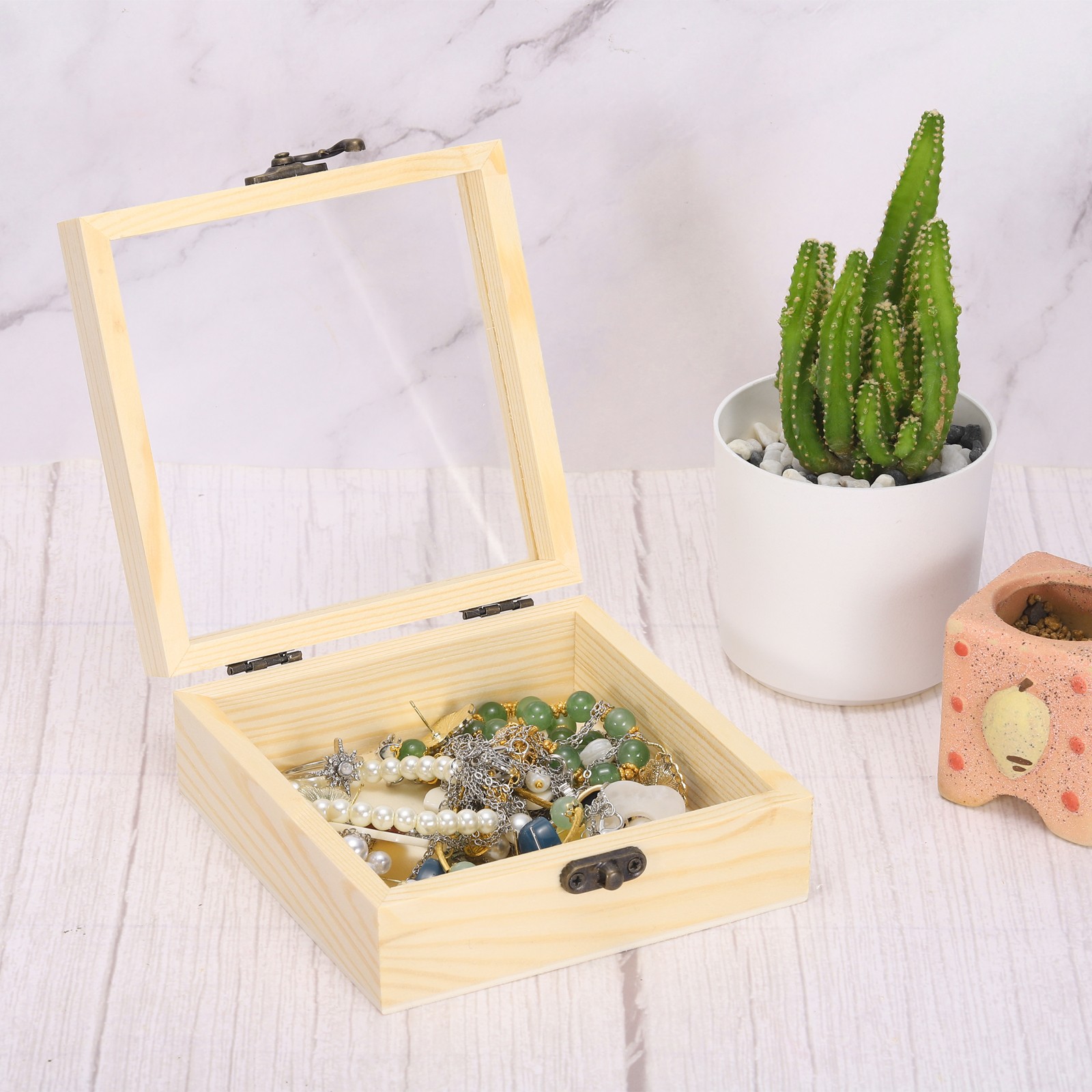 Unfinished Wooden Display Box,3.5"x3.5"x1.8" with Glass Lid,6Pcs Beige gallery