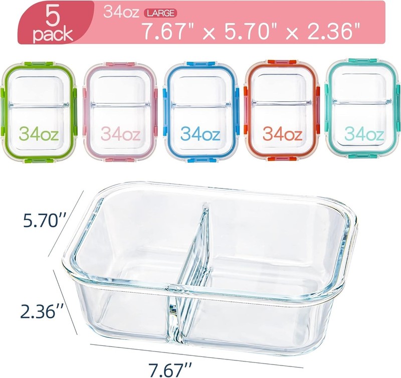 Glass Meal Prep Containers 2 Compartment with Lids (5 Pack, 34oz), Divided Glass gallery