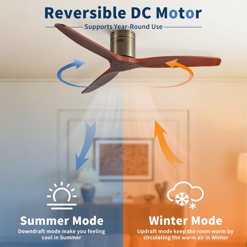 52" Solid Wood Flush Mount Ceiling Fan, Bronze, Reversible DC Motor gallery