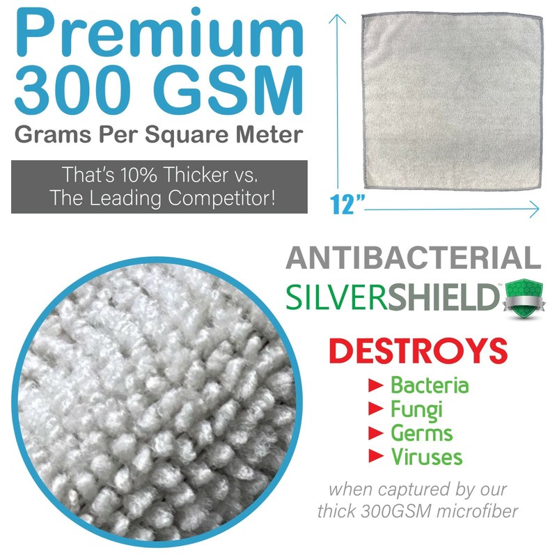 12 pack Antibacterial Silver Shield Microfiber Cloth 12"x12" 300 GSM Odor Free! gallery
