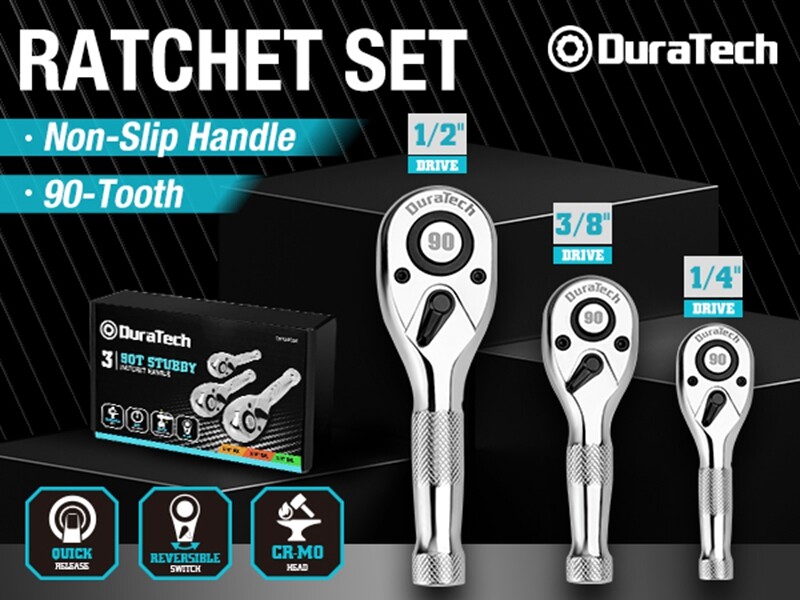 DURATECH 3PCS Stubby Ratchet Wrench Set 90-Tooth 1/4" 3/8" 1/2" Dr Socket Wrench gallery