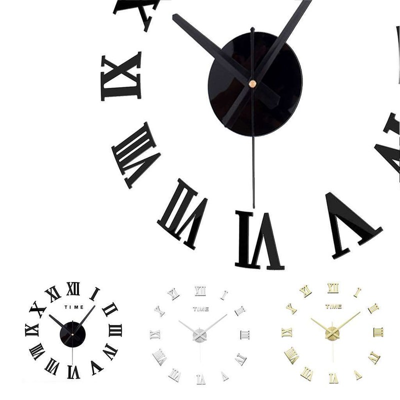 Mirror Surface Large Modern Wall Clock 3D DIY Roman Number Sticker Decor Clock gallery