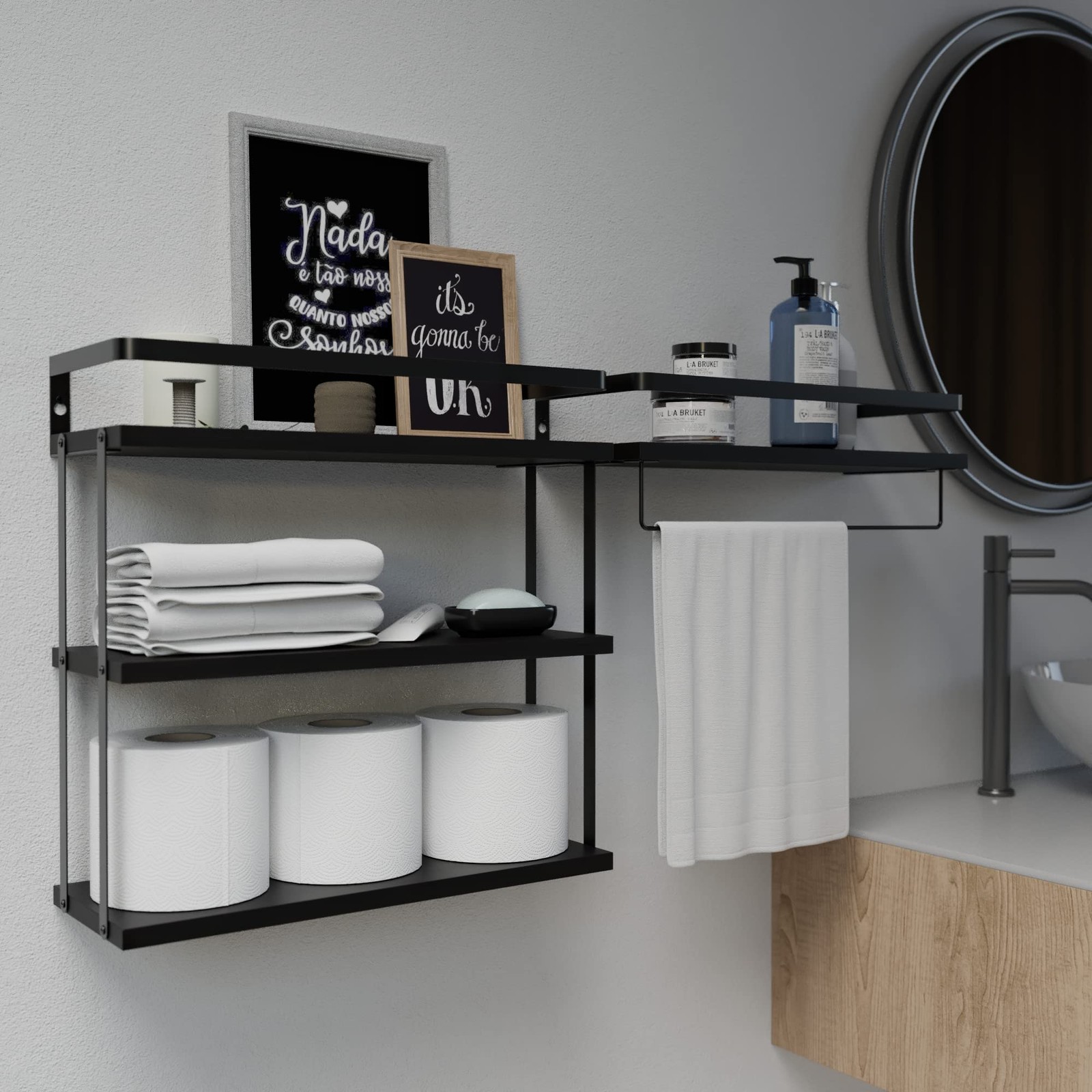 3+1 Tier Wall Mounted Rustic Wood Floating Shelves Metal Frame Black 2 PCS gallery