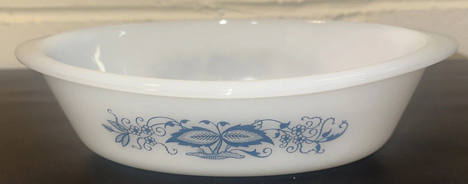 Vintage Glasbake Blue Onion pattern J235 oval Milk Glass Casserole Dish 1 qt USA gallery
