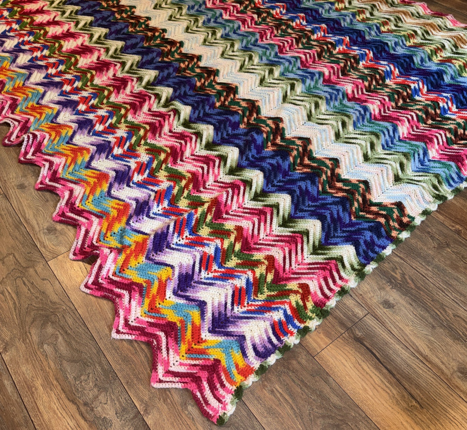 Vtg 70s Crochet Handmade Afghan Multicolor Throw Blanket Chevron Zig Zag 7ftx6ft gallery