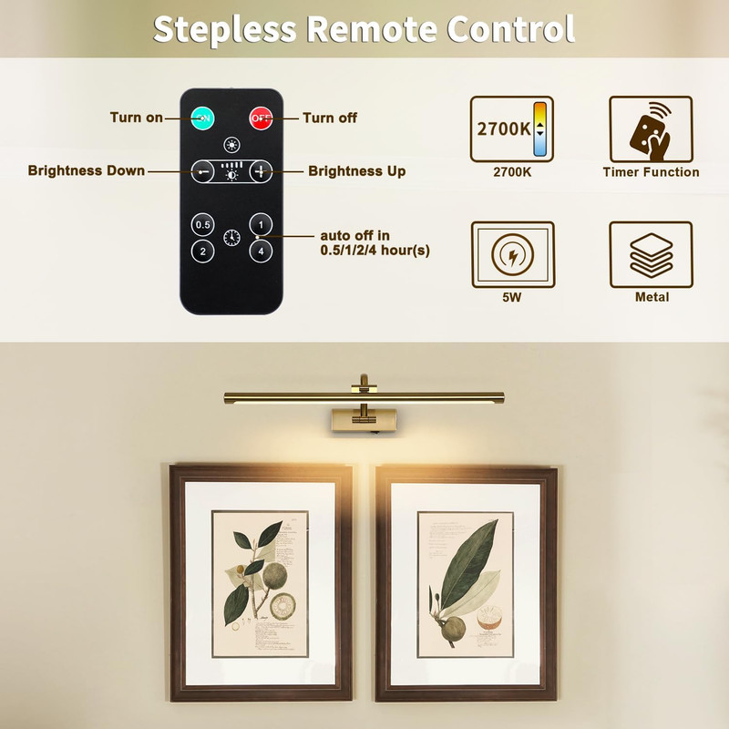 Wireless Picture Lights with Remote and Timer Rechargeable Brass Gallery Lightin gallery
