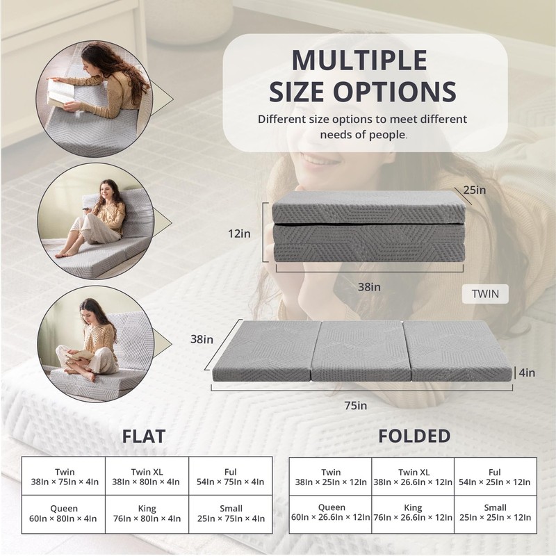 Folding Mattress, 4 Inch Single Tri Folding Memory Foam Mattress for Camping ... gallery