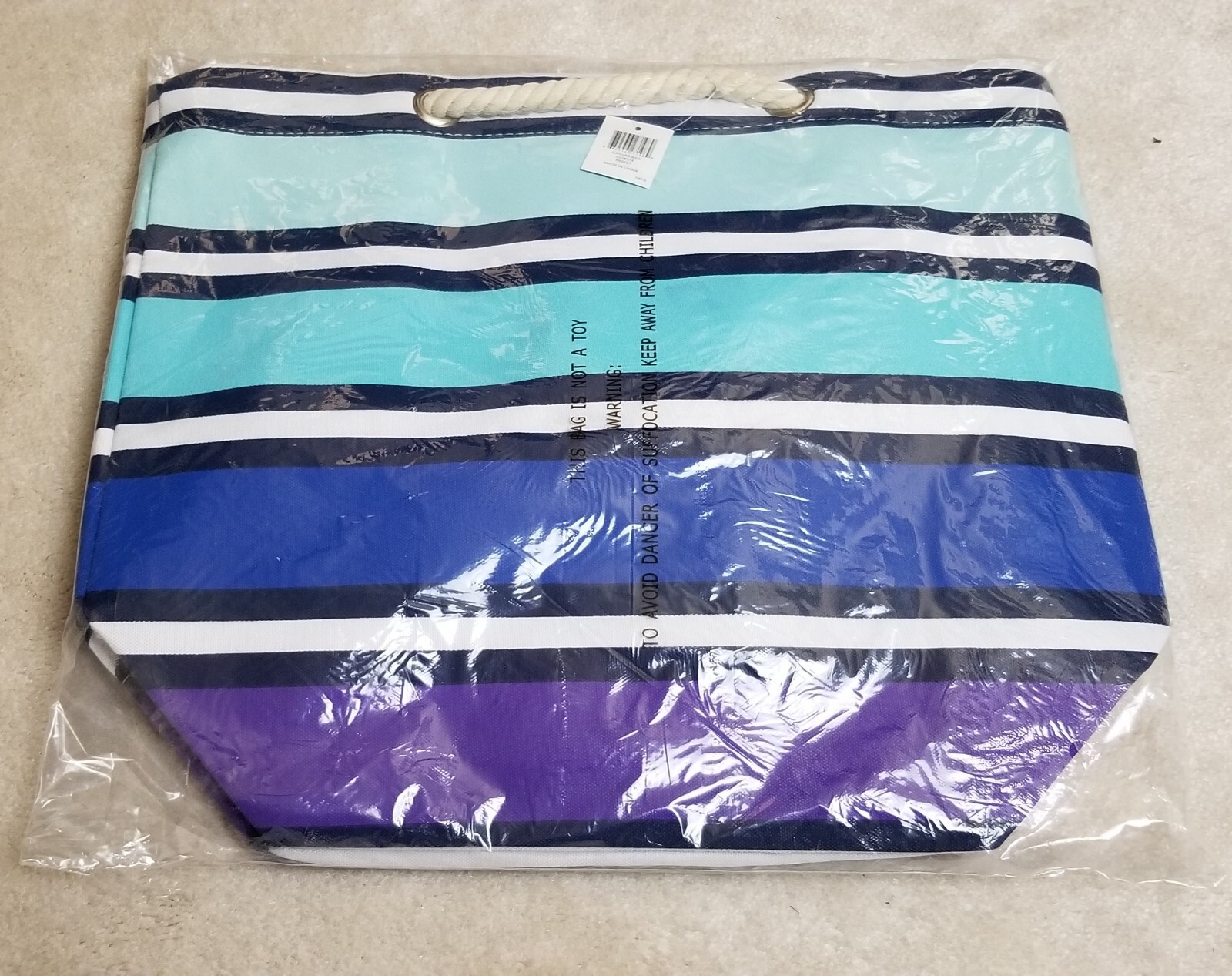NWT Beach Bag Tote, Large Cotton Rope BEAUTIFUL Blues Purple White gallery