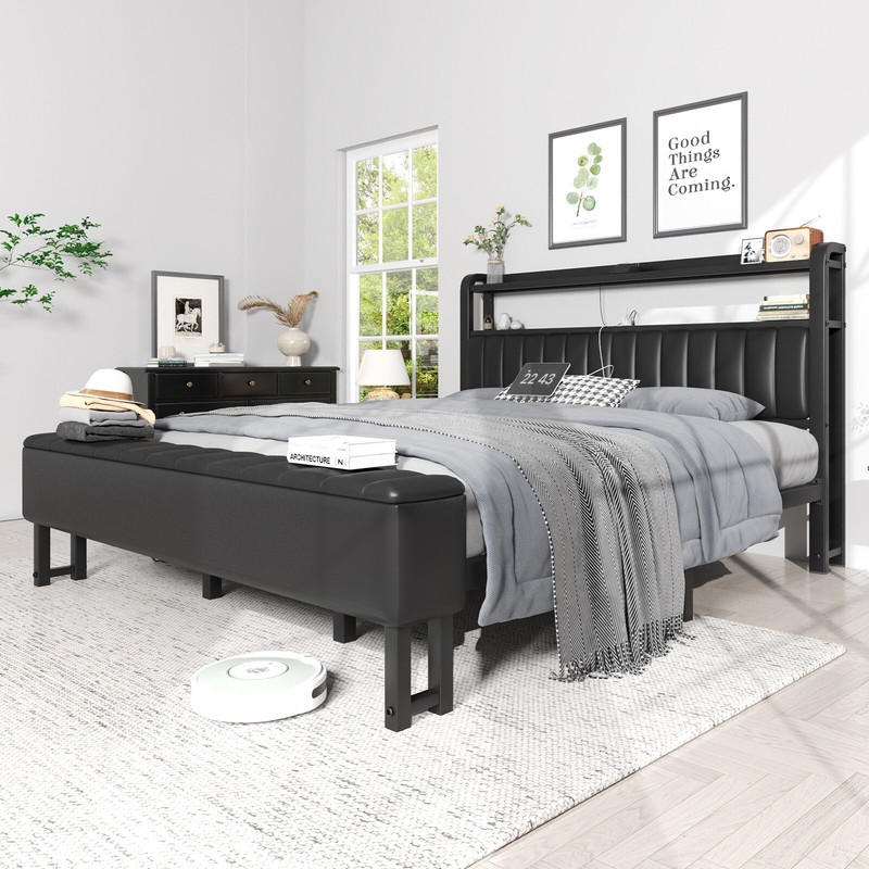 Queen Size Upholstered Bed Frame with Starry Sky Lights and Storage Drawer gallery