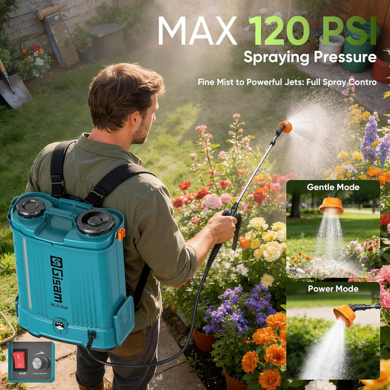 5.3Gal Battery Powered Backpack Sprayer, 120PSI Adjustable Pressure Electric Spr gallery