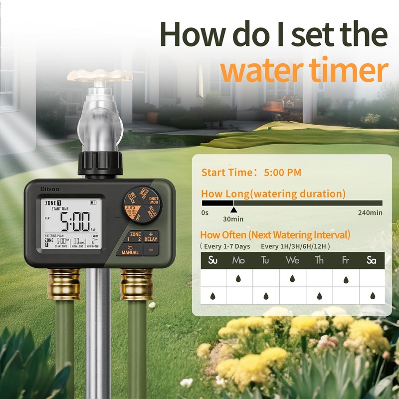 Diivoo Sprinkler Timer 2 Zone, Programmable Water Hose Timer 2 Outlet for Gar... gallery