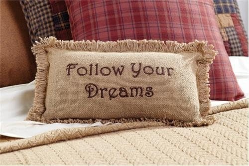 BURLAP NATURAL ACCENT PILLOW 7X13" EMBROIDERED CHOCOLATE "FOLLOW YOUR DREAMS" gallery