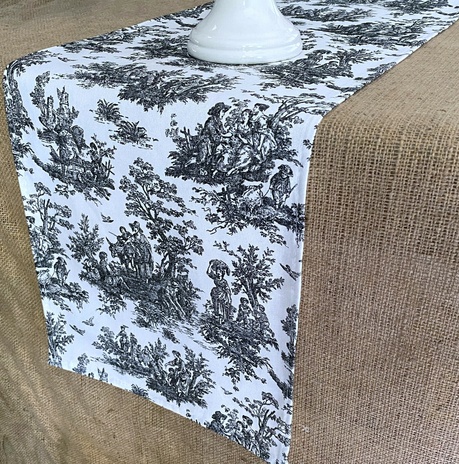 Black Toile Table Runner Colonial Home Decor Table Centerpiece Vintage Linens gallery
