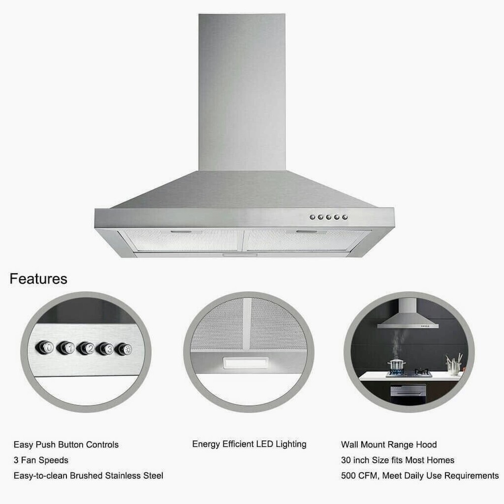 30Inch Kitchen Wall Mount Range Hood Stainless Steel 500CFM LED Light (OPEN BOX)