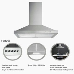 30Inch Kitchen Wall Mount Range Hood Stainless Steel 500CFM LED Light (OPEN BOX)