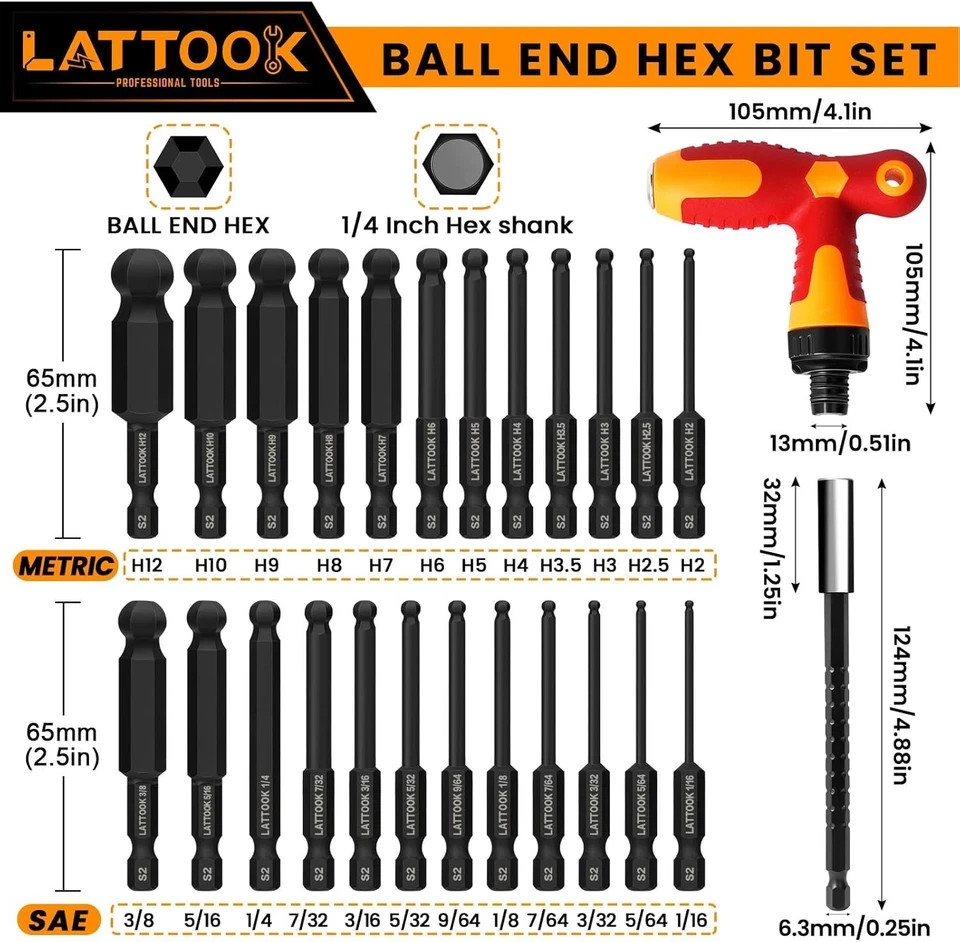 Ball End Hex Allen Wrench Set with T Handle Ratchet Driver, 24PCS S2 Steel gallery