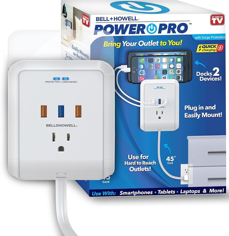 Bell + Howell Power Pro Outlet Extender–3 AC Outlets 3 USB Ports 4 ft Ext. cord