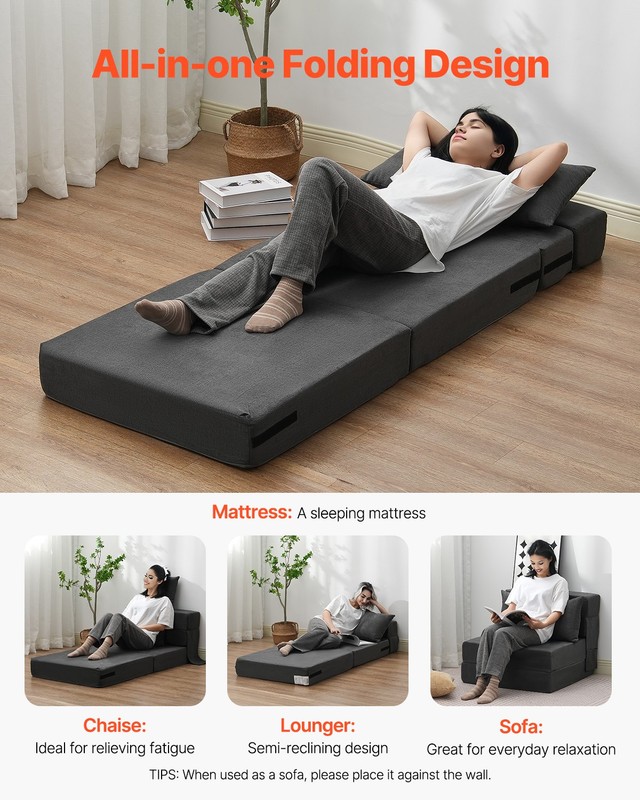 VEVOR Folding Sofa Bed 3-in-1 Foldable Couch Bed with 2 Pillows Dark Grey Single gallery