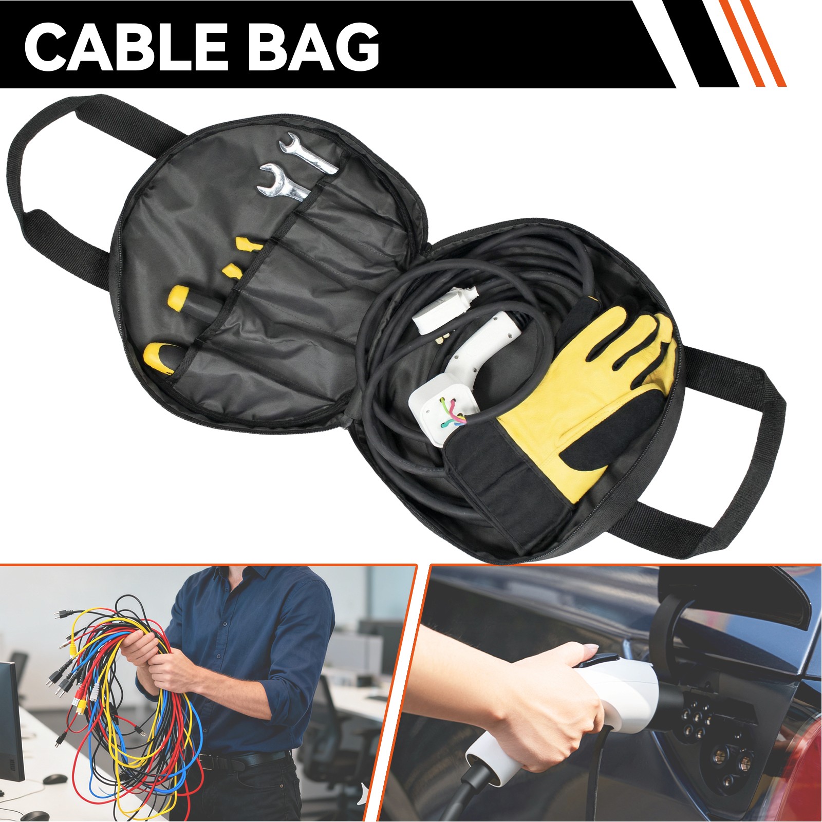 25ft Jumper Cable Bag Pockets EV Battery Charger Cord Car RV Hose Tool Storage gallery