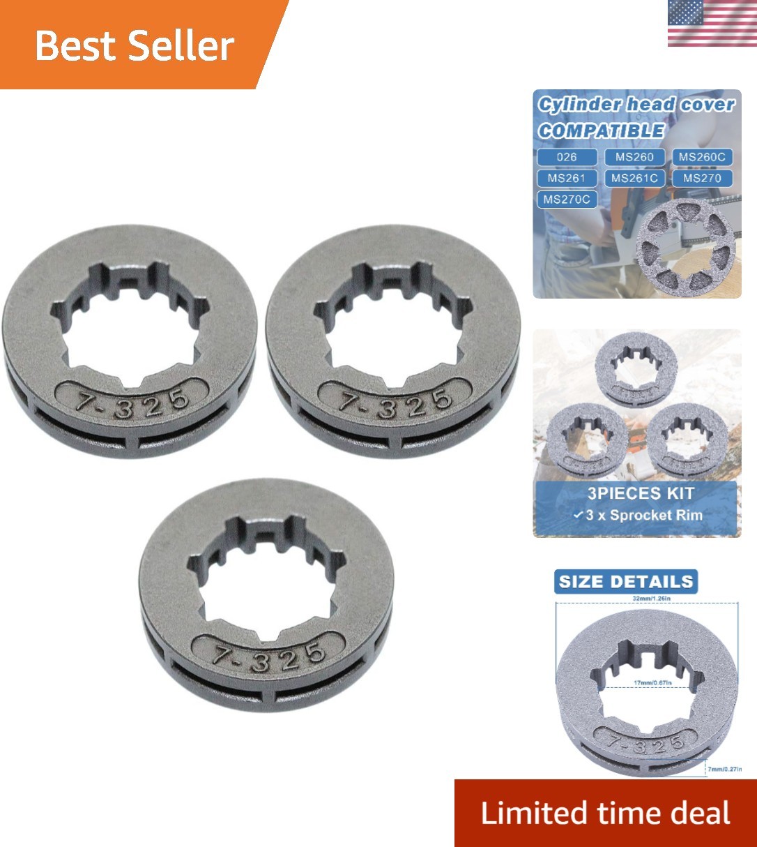 3-Piece .325" Chainsaw Sprocket Rim Kit | Stihl 026, MS260 Replacement Parts gallery