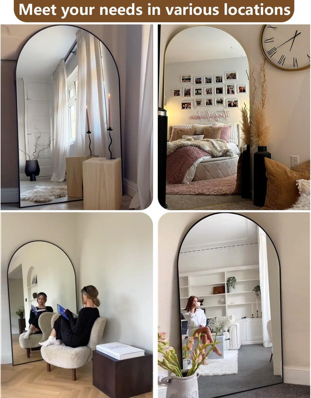 Oversized 71" Arched Full-Length Mirror with HD Glass - Black Floor/Wall Mount gallery